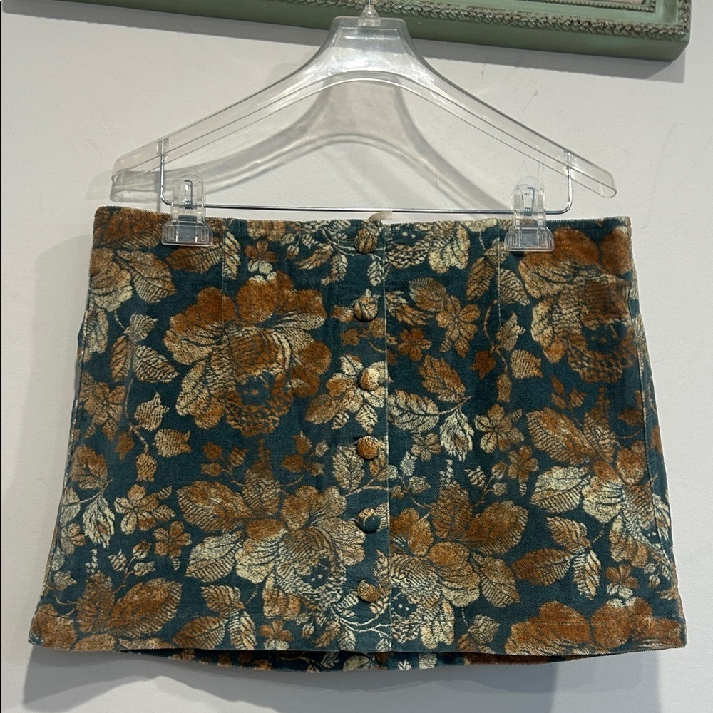 Free People Velvet Emerald Gold Floral button front Mini Skirt size 12 women’s